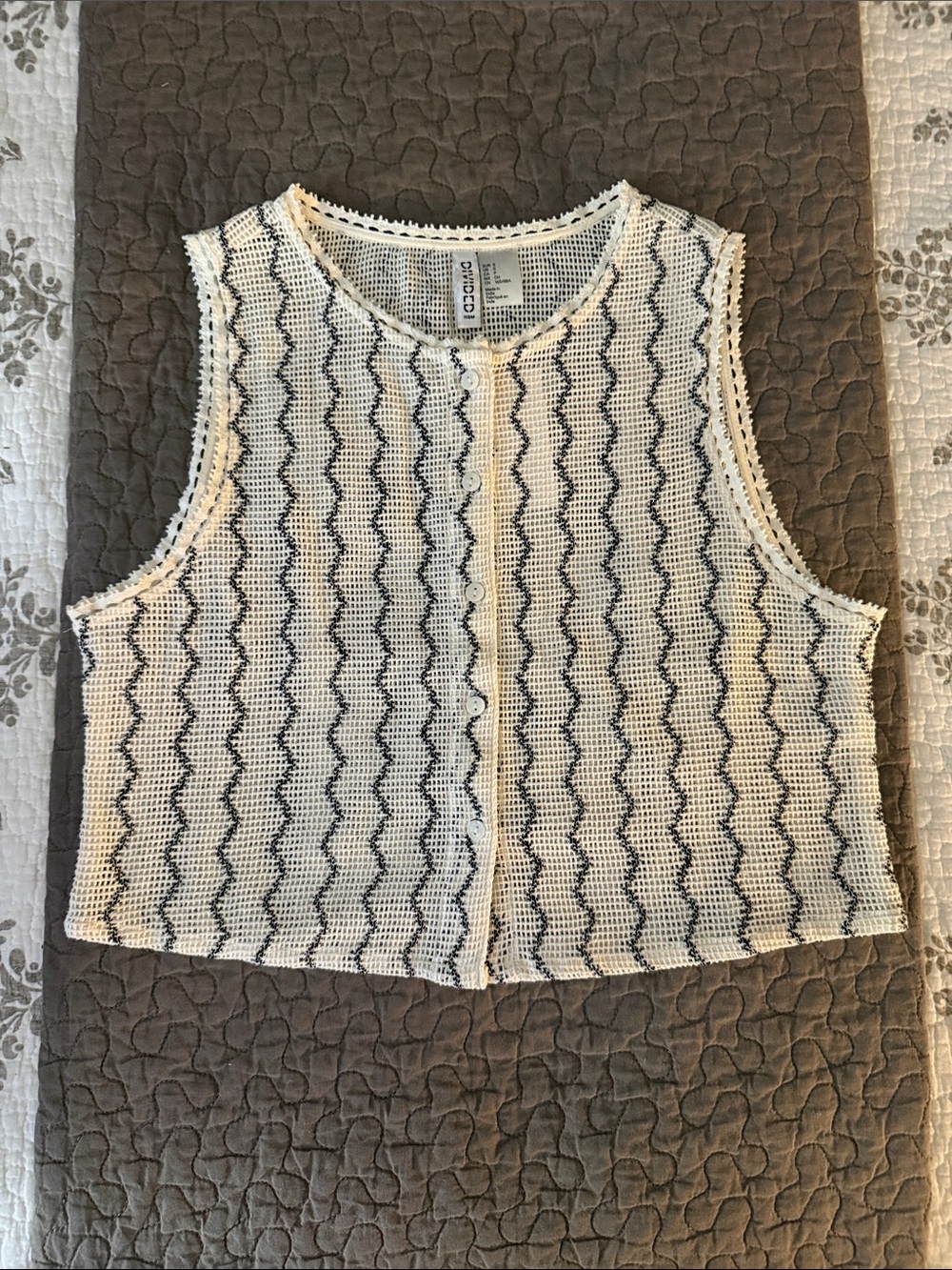 H&M Cream and Navy Crocheted Button-Front Tank Top